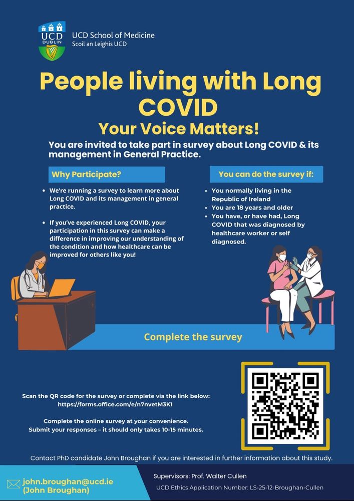 Poster for a survey for people living with long covid by University College Dublin’s School of Medicine. John Broughan, supervisor Walter Cullen.