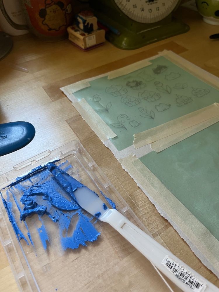 laying out the exposed screens/mixing underglaze