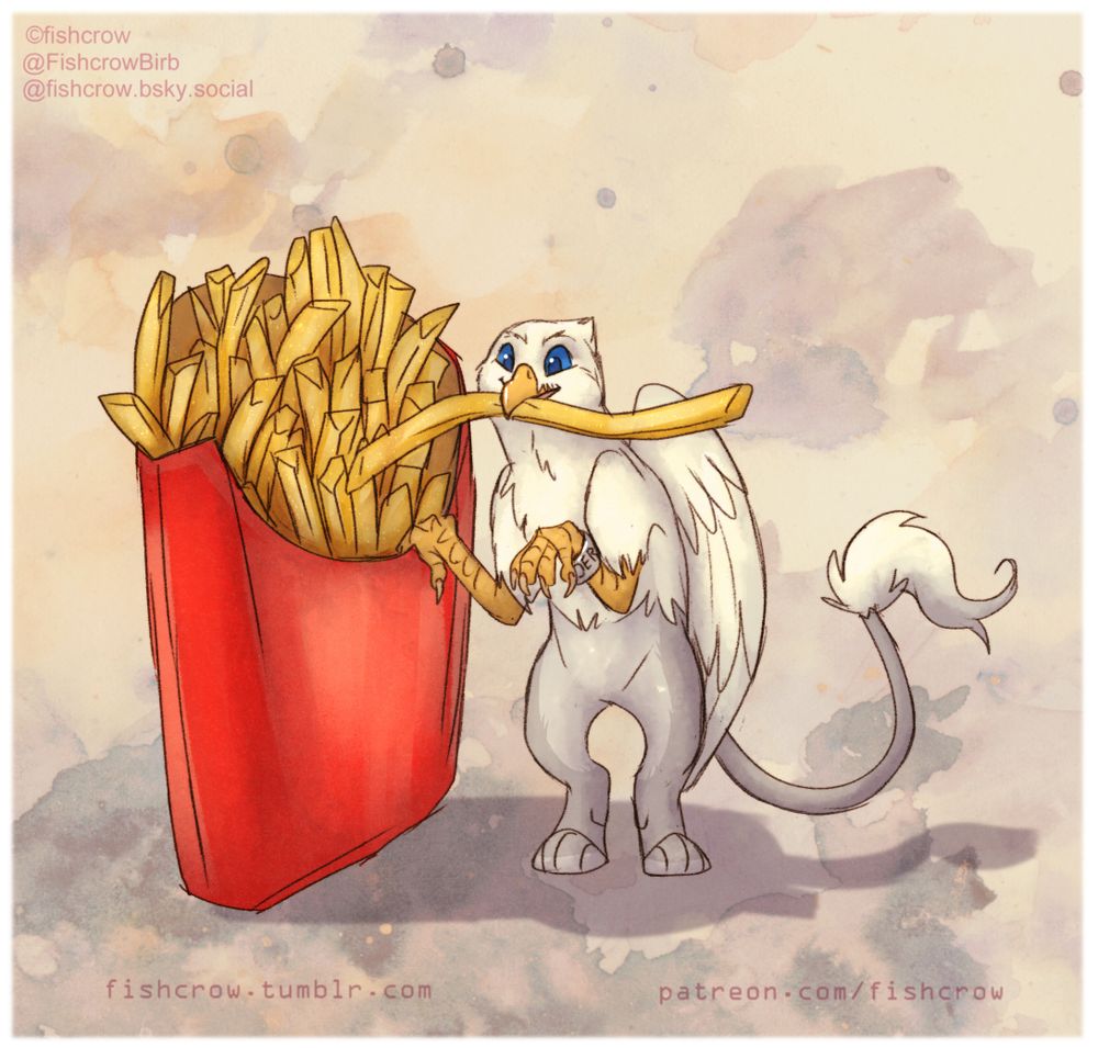 A drawing of a tiny grey and white griffin stealing a french fry out of a red french fry box.