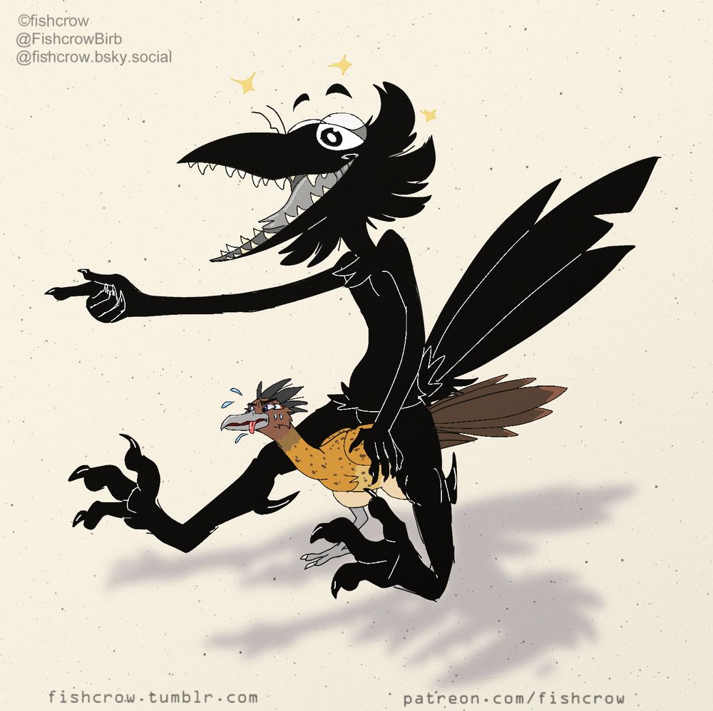 A big lanky anthro crow is riding a small roadrunner like a horse to battle. The crow is pointing forward looking happy while the roadrunner is struggeling to walk.