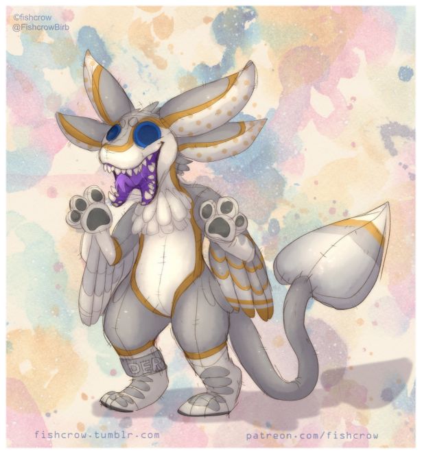 A horrible avali plush is standing and opening it's maw. The maw splits in a extra section showing teeth. Otherwise everything looks soft and harmless. The avali is grey with yellow stripes the maw is dark purple.