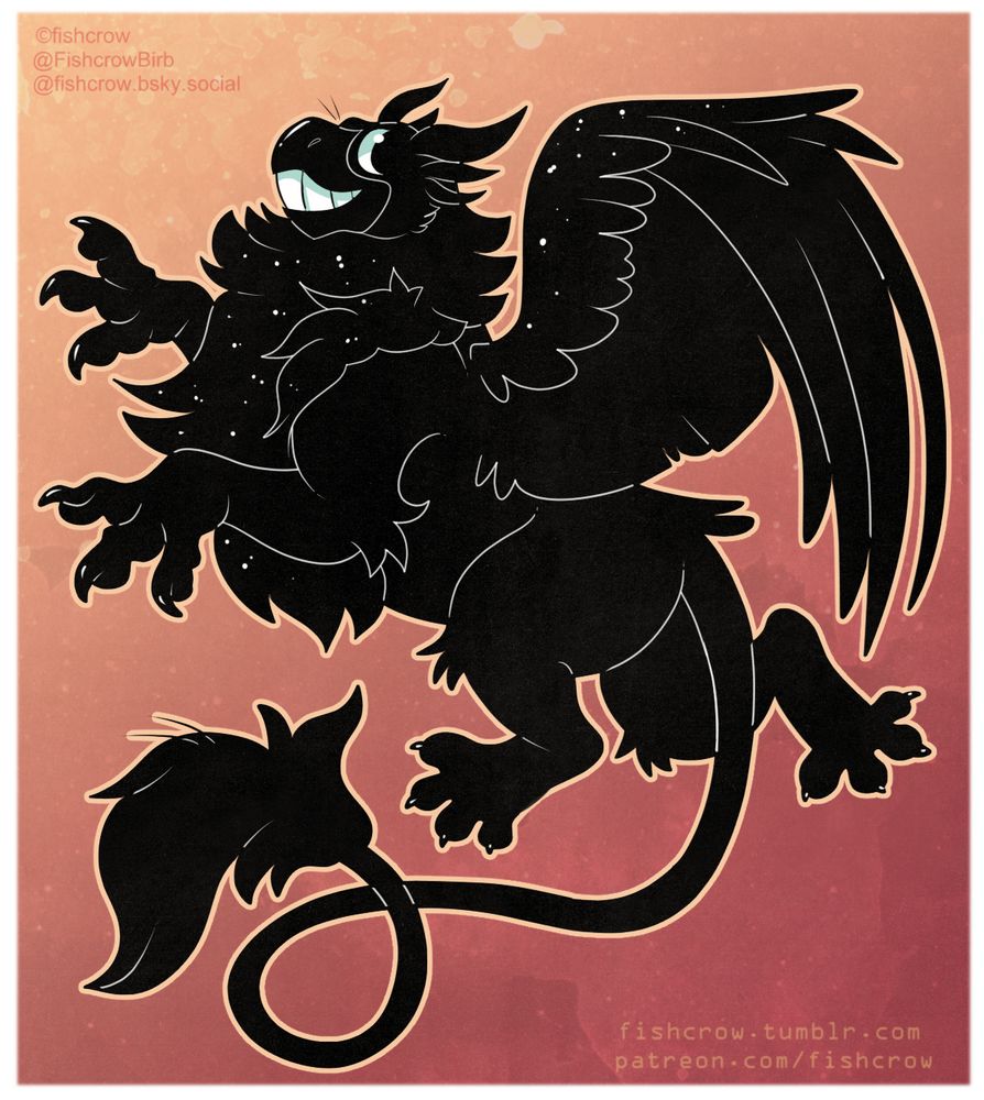 An artwork of a black griffin with cartoony teeth and googly eyes.