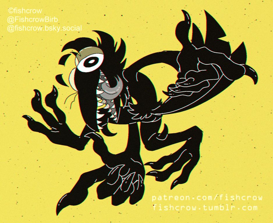 A cartoony anthro crow with teeth is posing like the Sonic the hedgehog meme pose.