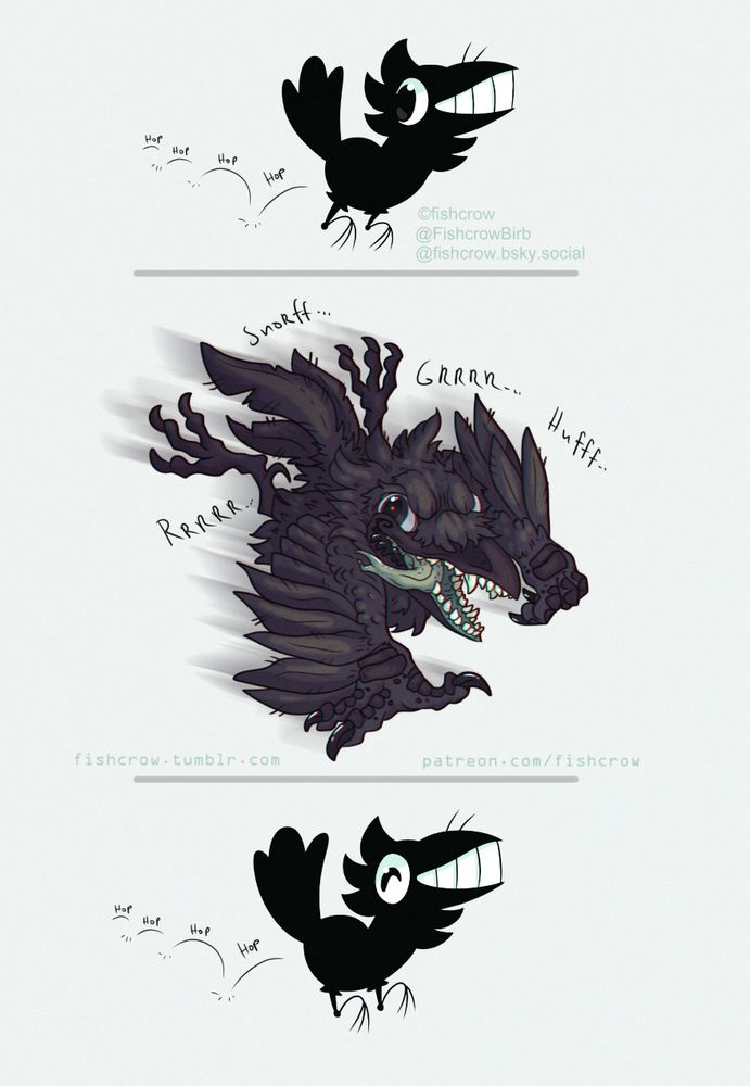 A comic of a crow with teeth. First panel is the cartoony crow hopping around. The second panel the crow seems monsterously transformed with claws and bigger teeth running towards the viewer. The third panel the crow is normal again looking happy hopping around again.