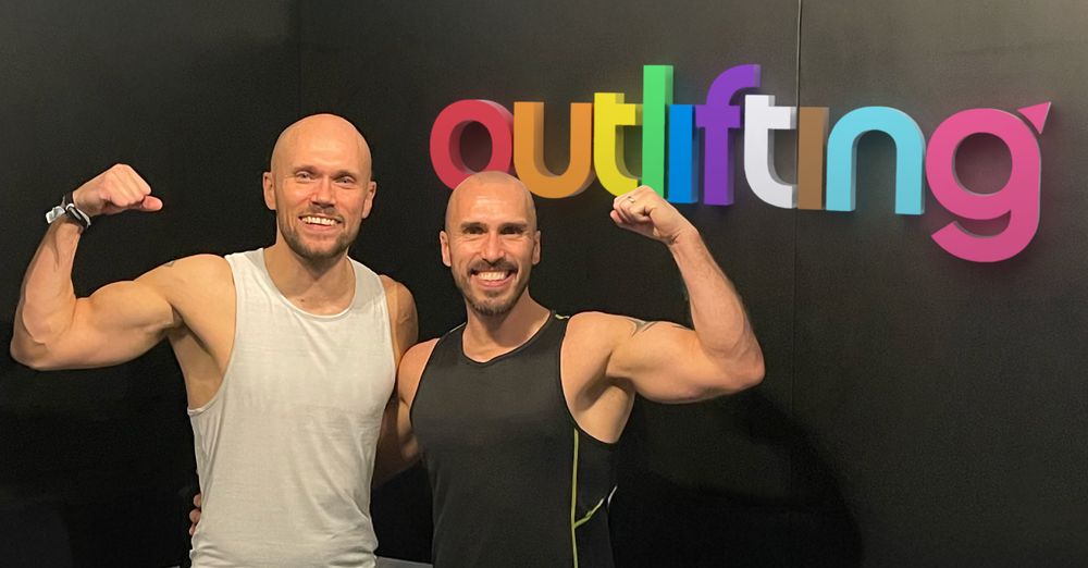 Two men in sportswear flexing their biceps in front of a colourful logo which reads "Outlifting".