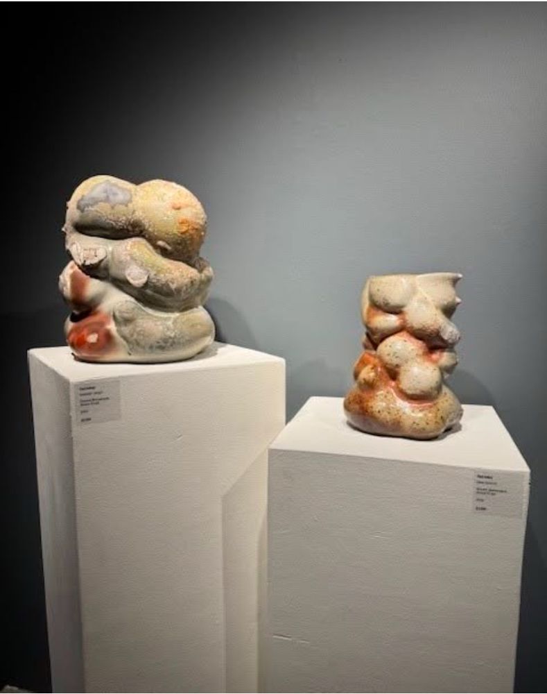 Two organic abstract ceramic vessels displayed on pedestals 
