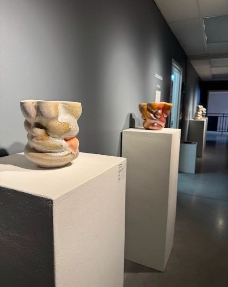 Organic abstract ceramic vessels displayed on pedestals