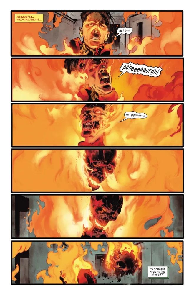Comic page of the original Human Torch (Jim Hammond) burning Hitler alive from the Marvel Comics series The Ultimates