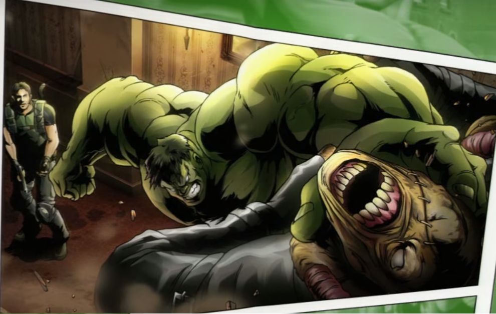 Hulk smashing Nemesis into a wall at the Spencer Mansion with Chris Redfield behind him from Hulk's ending in Marvel vs Capcom 3