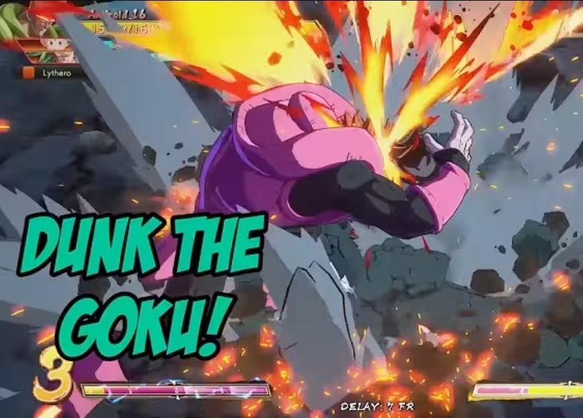 Screenshot from Lythero's Dragon Ball FighterZ video with Android 16 dunking Goku with subtitles that read "DUNK THE GOKU!"