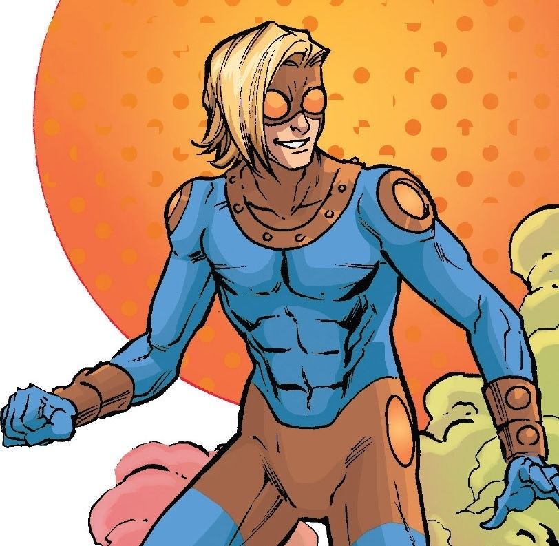 Speedball from Marvel Comics standing in front of a cloud of dust
