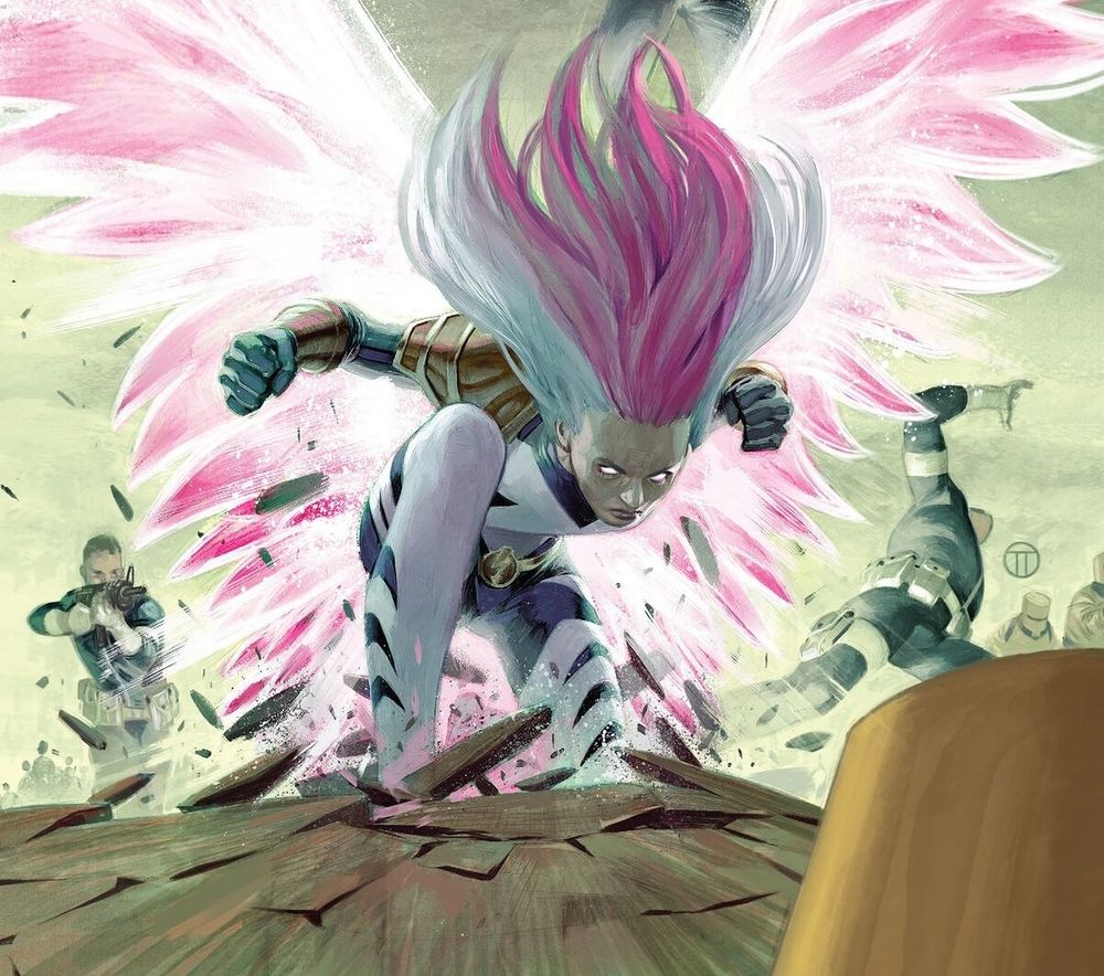 Songbird from Marvel Comics smashing the ground knocking back a few S.H.I.E.L.D. Agents