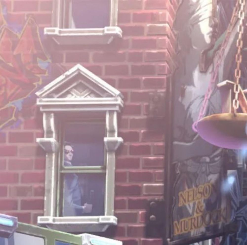 Screenshot of Marvel Tokon Fighting Souls showing Matt Murdock aka Dardevil in the window of the building for Nelson & Murdock