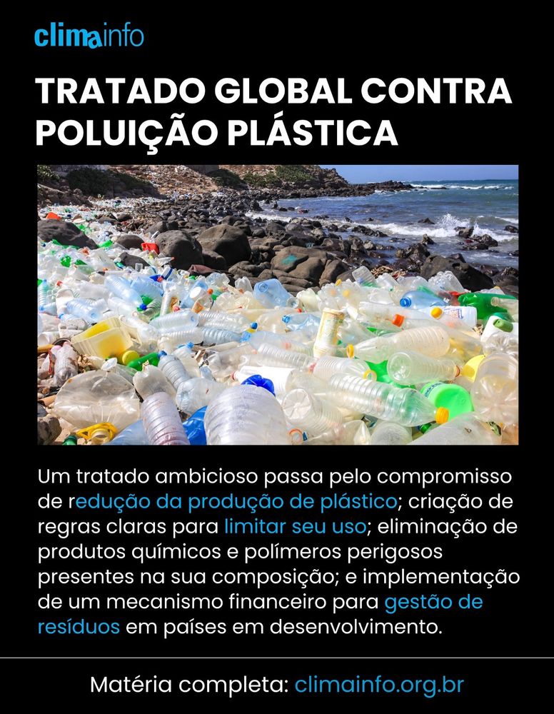 Título superior diz “Tratado Global Contra Poluição Plástica”
No meio, uma foto de garrafas plásticas em uma praia. 
Texto inferior diz “Um tratado ambicioso passa pelo compromisso de redução da produção de plástico; criação de regras claras para limitar seu uso; eliminação de produtos químicos e polímeros perigosos presentes na sua composição; e implementação de um mecanismo financeiro para gestão de resíduos em países em desenvolvimento.”