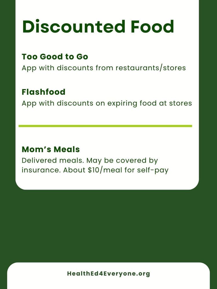 White slide with dark green text titled 'Discounted Food' listing Too Good to Go app, Flashfood app, and Mom's Meals delivery service with descriptions