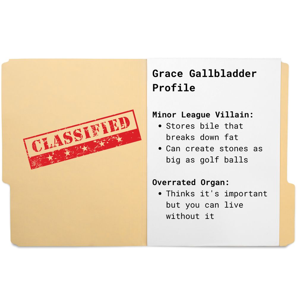 Tan manila folder or file background with red 'CLASSIFIED' stamp on left side. Title reads 'Grace Gallbladder Profile' in bold black text. Section header 'Minor League Villain:' in bold, followed by two bullet points: 'Stores bile that breaks down fat' and 'Can create stones as big as golf balls'. Next section header 'Overrated Organ:' in bold, followed by bullet point 'Thinks it's important but you can live without it'. Document is a HealthEd4Everyone health education resource.