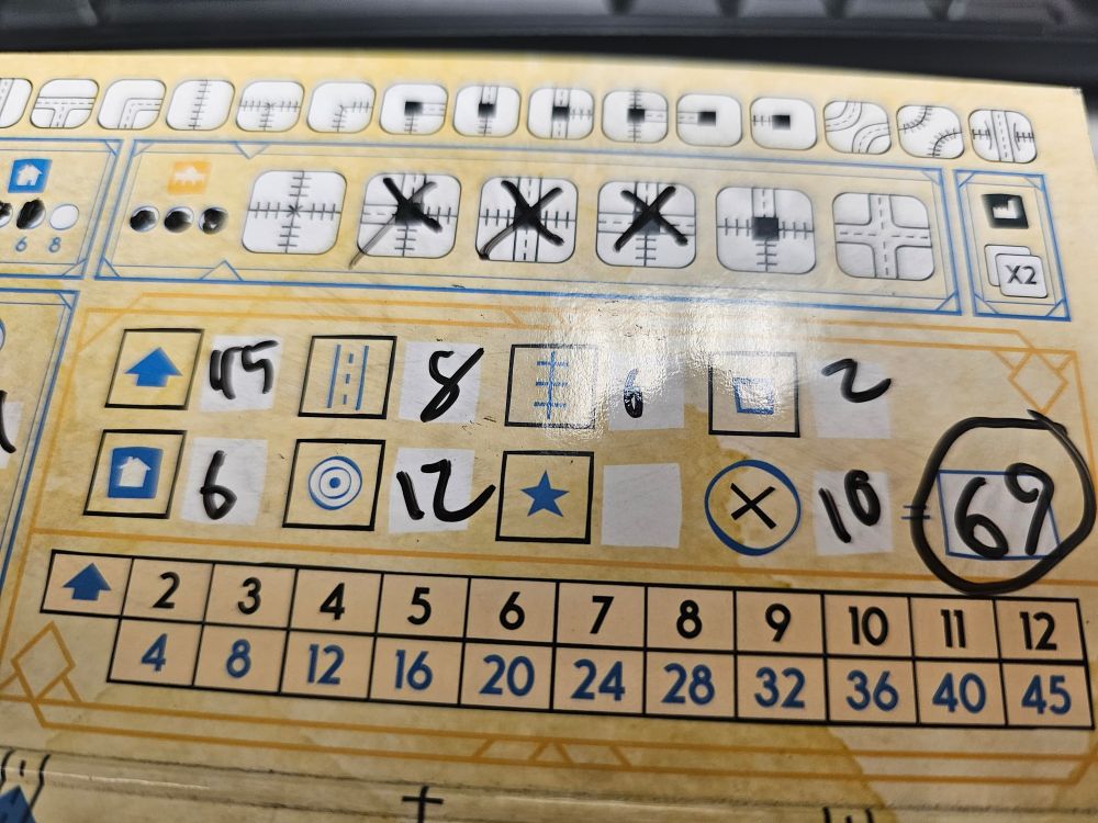 A Railroad Ink board where I scored 69 points.