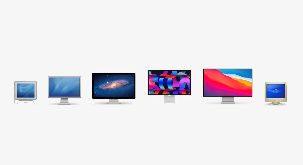 A lineup of six Apple computer displays, arranged chronologically from left to right, showcasing the evolution of Apple monitor designs—from early CRT and aluminum bezel models to modern flat-panel Retina displays with vibrant backgrounds.