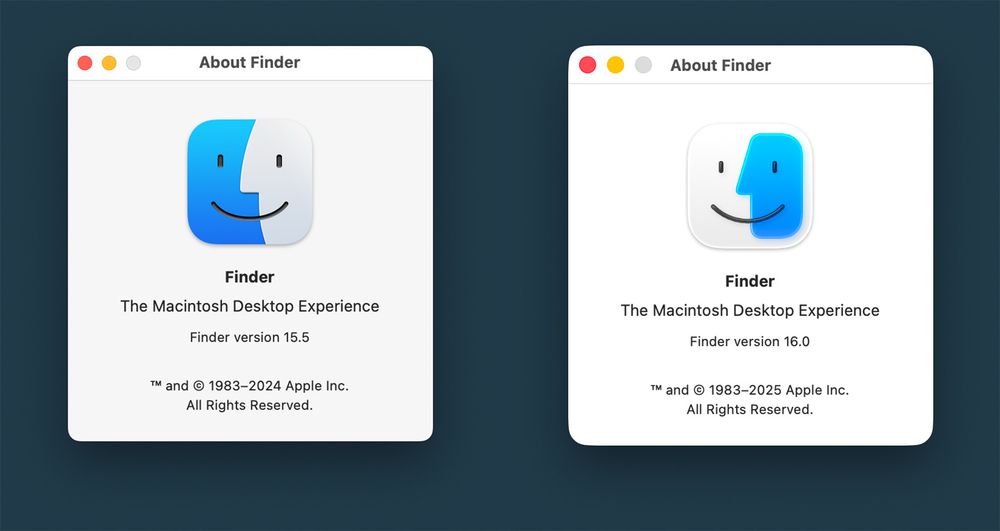 The new macOS Finder icon from macOS Tahoe. The blue and black faces are flipped compared to the classic version, with the blue now on the side representing the person instead of the screen.