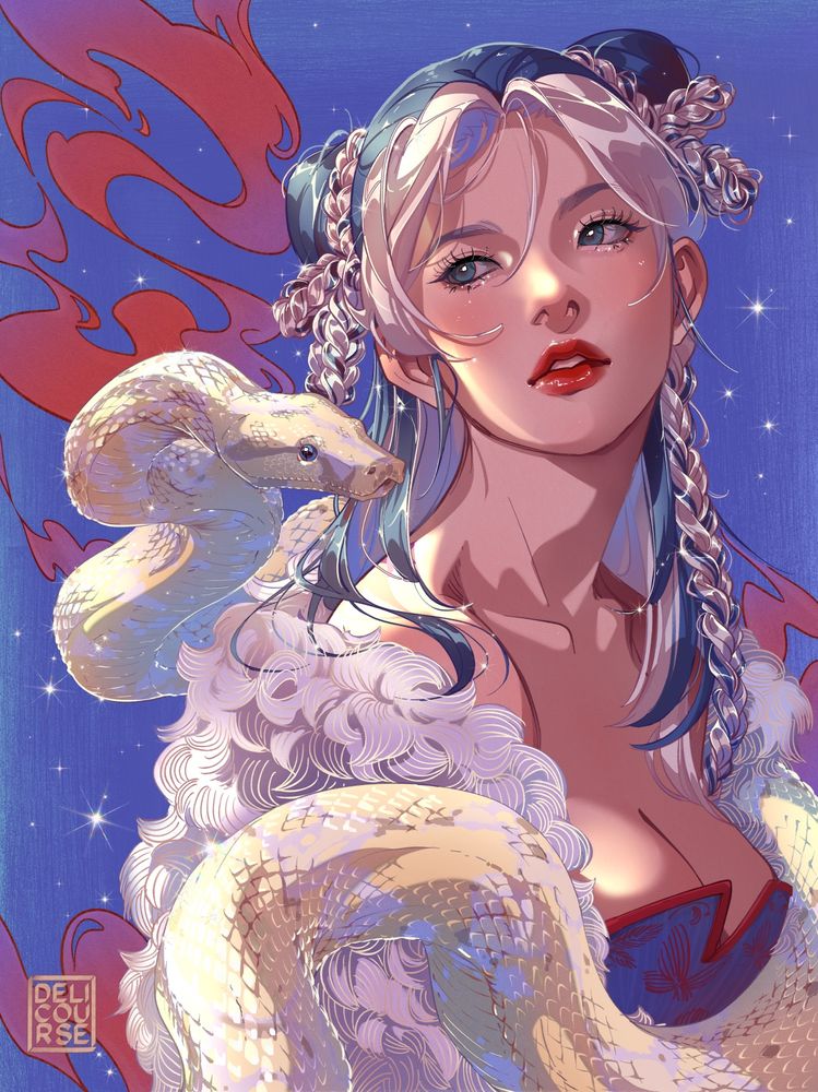 Drawing of jolyne, she has a snake (boa constrictor, moonglow morph) around her shoulders and a fur coat. There is emphasis on sharp highlights and gloss