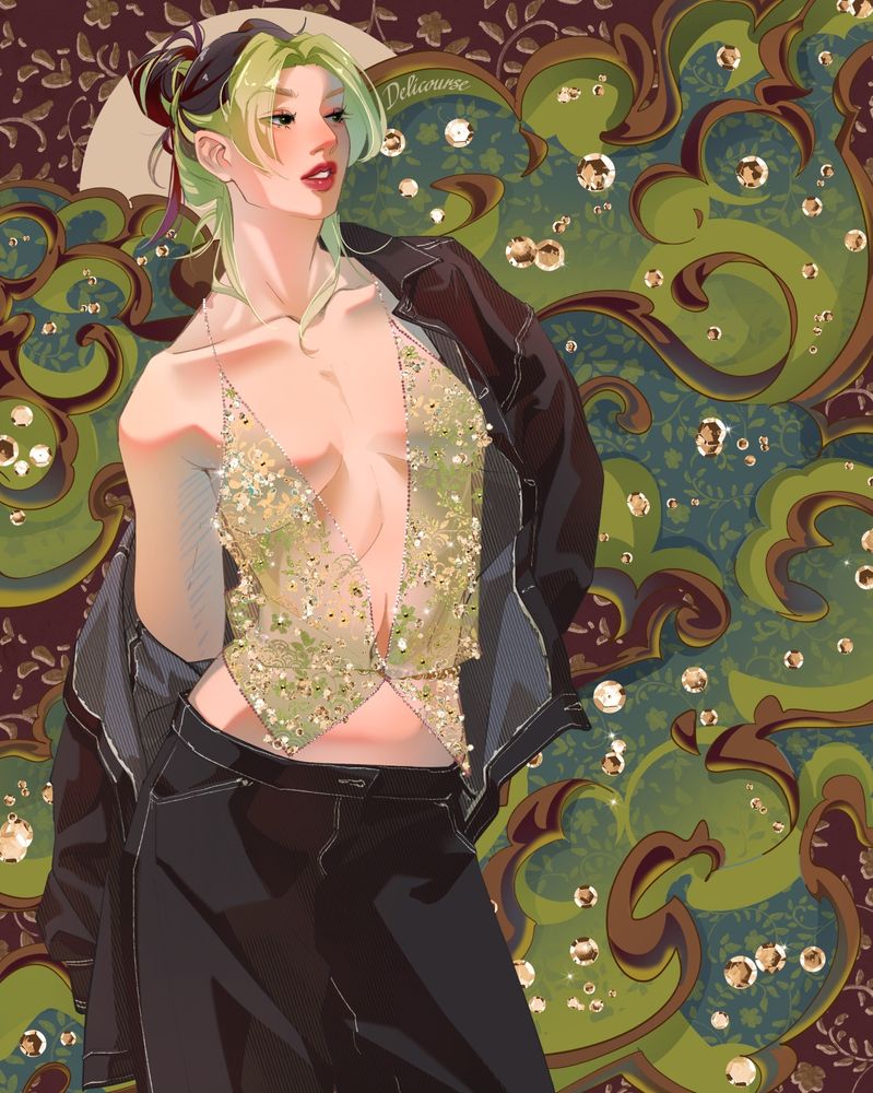 artwork of jolyne from jojo, she is wearing a sequined transparent green top with a
black jean jacket and pants. the background has many patterns and sequins.