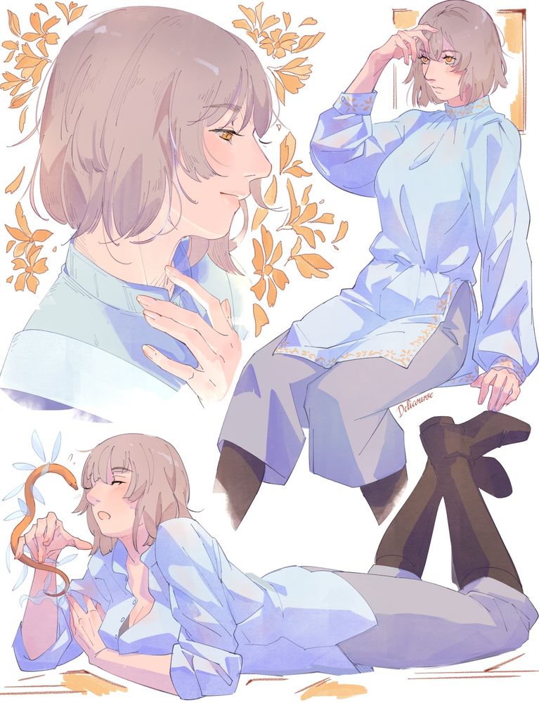 three drawings of falin, one including a skyfish