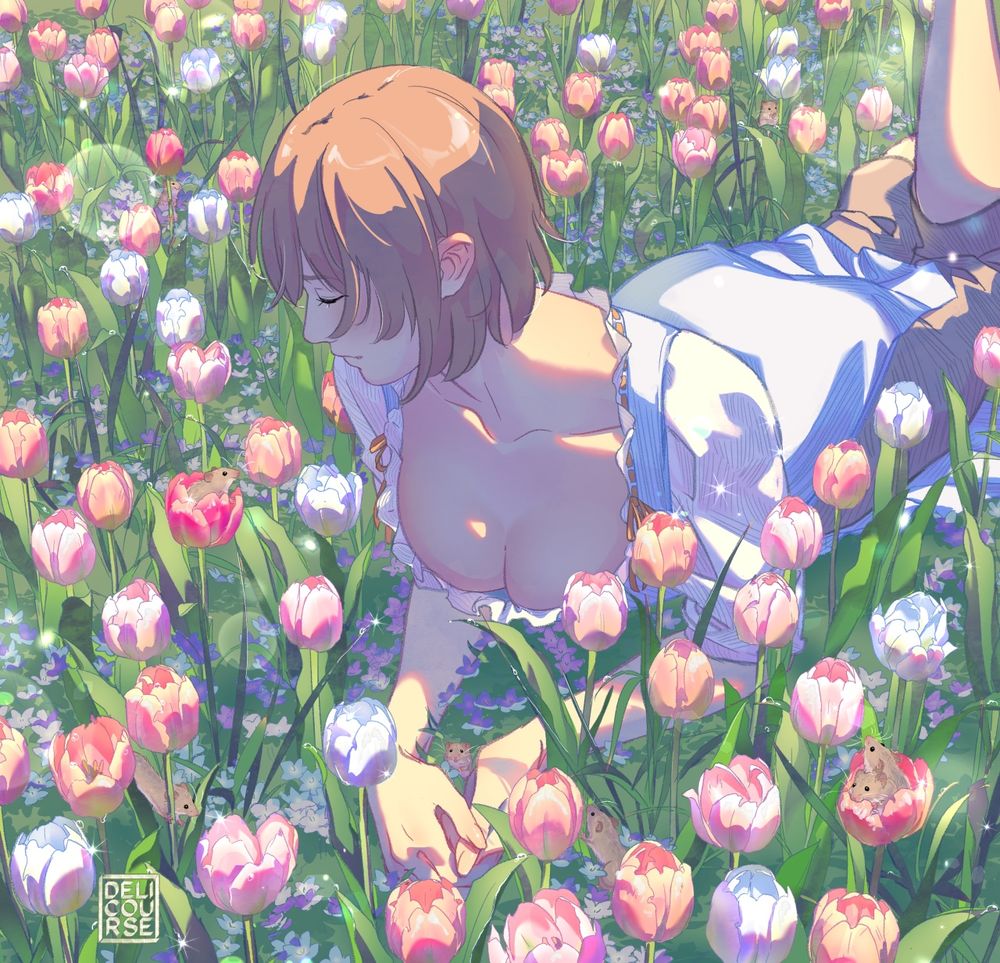 Falin lying down in a field of tulips. There are several harvest mice around, some sitting in the tulip flowers and others climbing the stalks