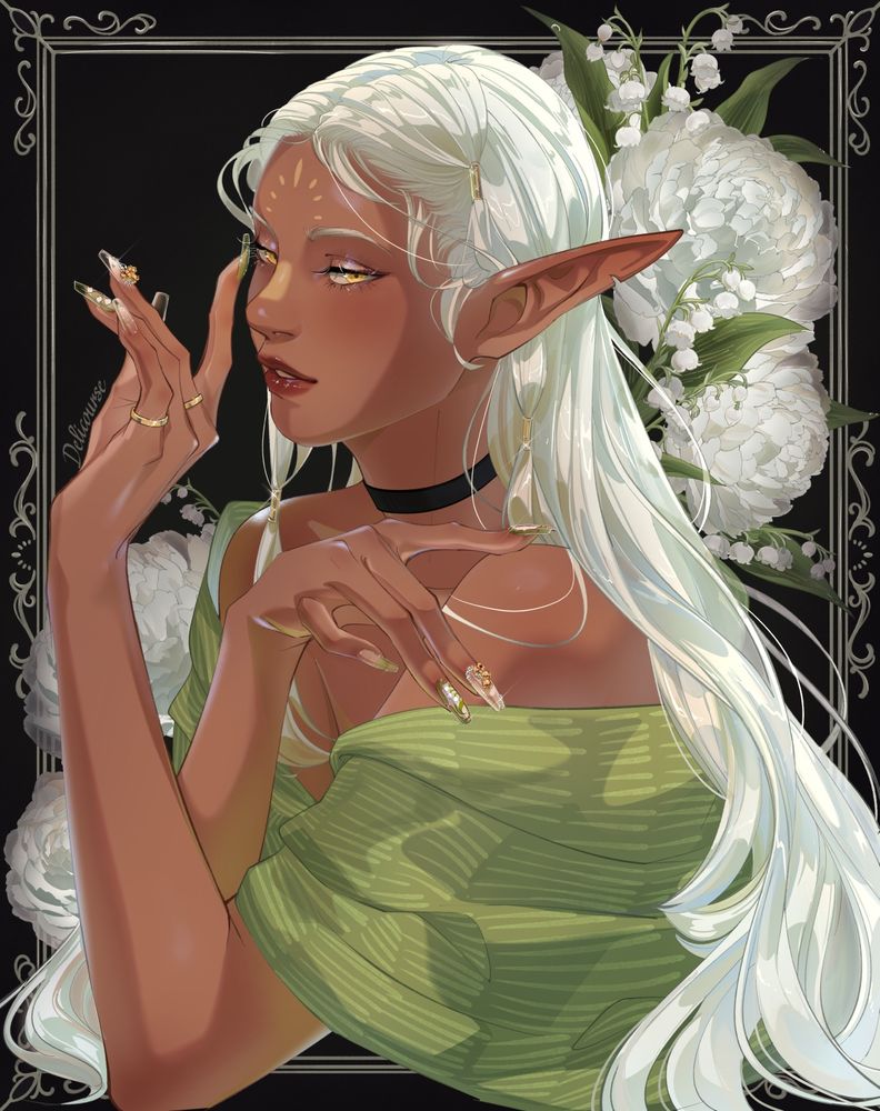 drawing of cithis. it is on a black background with lily of the valley and white peonies. her nails are long, semi-transparent, and have various decorations. there is a lily of the valley theme. 