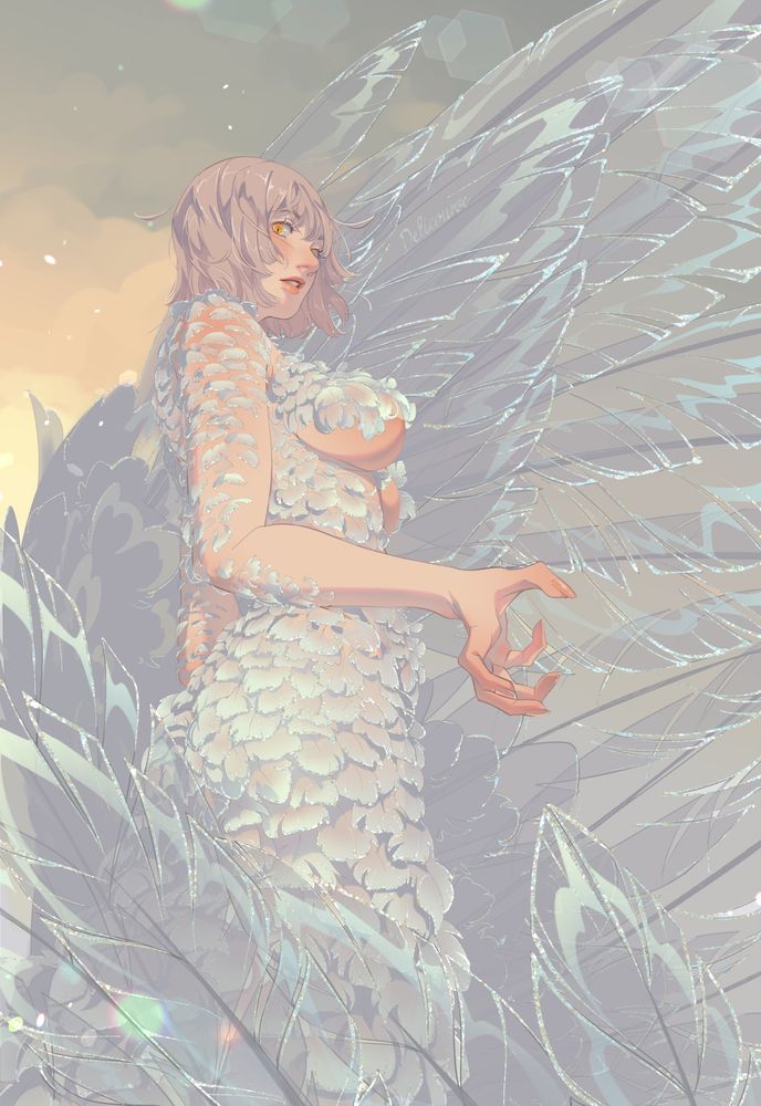 artwork of chimera falin looking over her shoulder. there is high emphasis on the gloss and transparency of her feathers