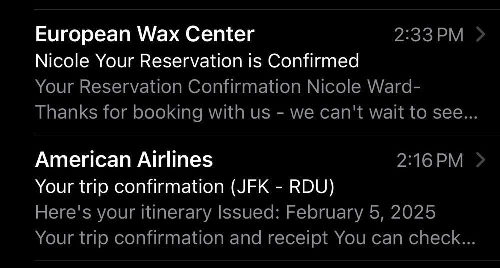 screenshot of emails for flight confirmation and wax appointment 