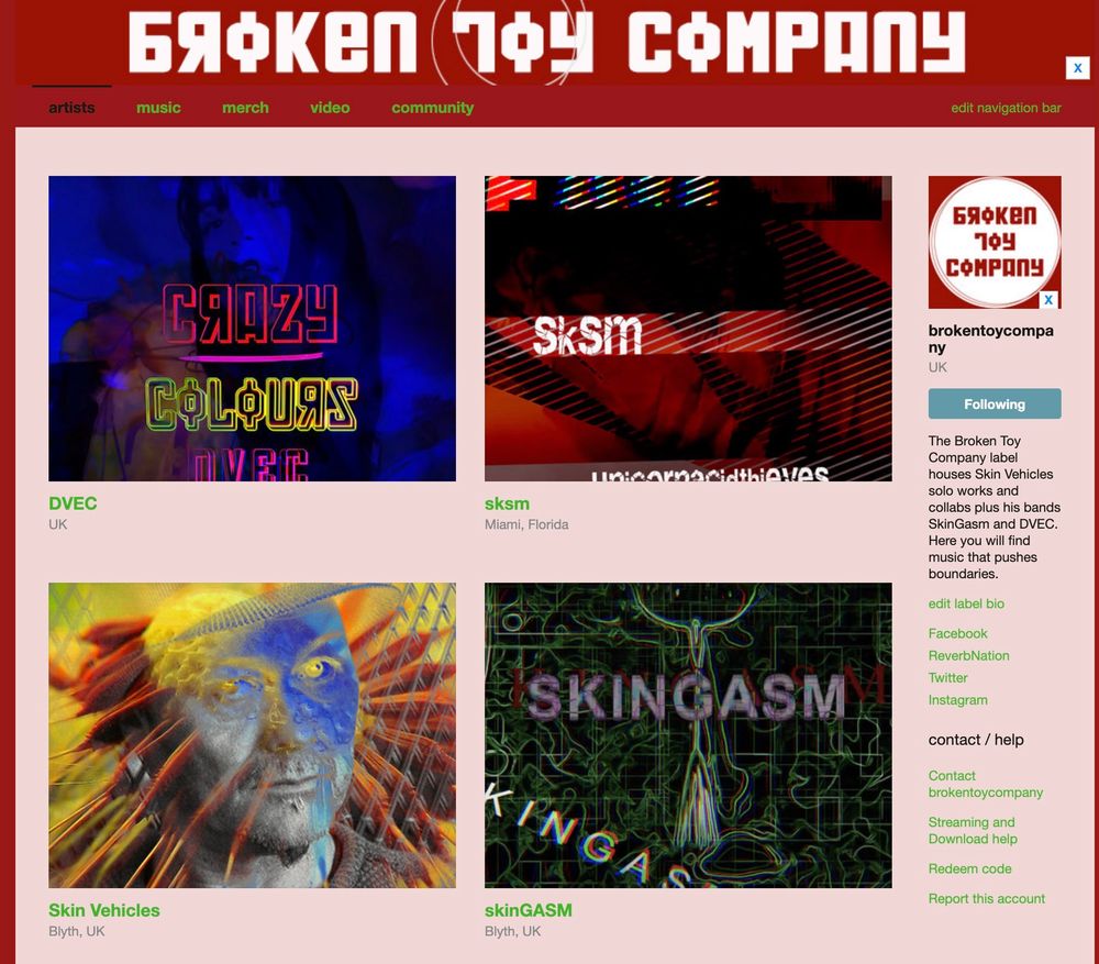 A screenshot of the Bandcamp page for Broken Toy Company record label. https://brokentoycompany.bandcamp.com/