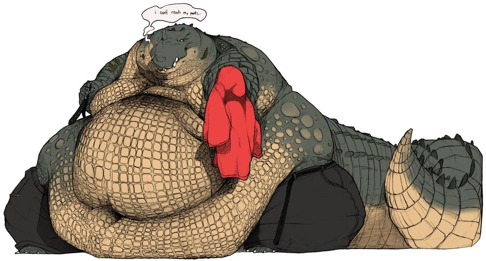 A very, very large crocodile wearing pants standing holds a red shirt and belt, saying "I can't reach my pants..."