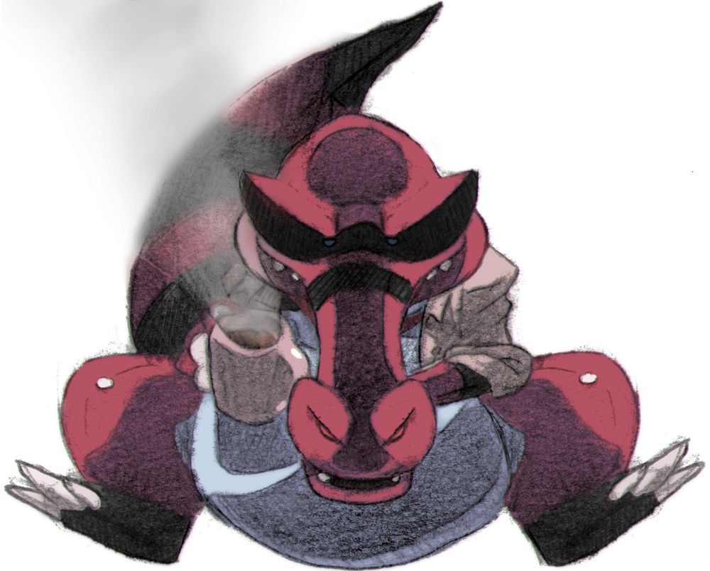 Kroo, a Krookodile (Pokémon), sulks sitting down while holding a steaming cup of coffee.