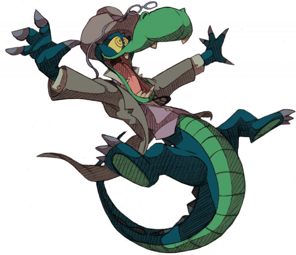 Sir Chomps-a-Lot, a well dressed alligator, floats in midair.