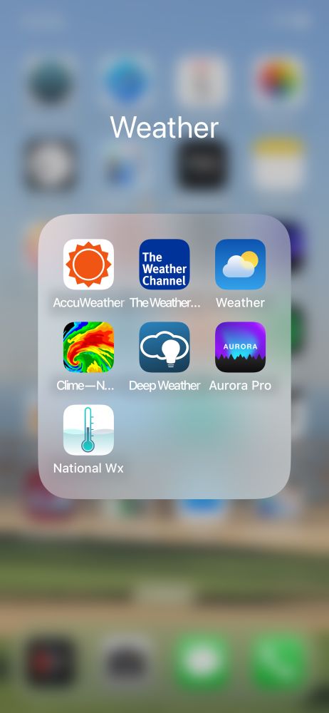 Screen shot of phone screen showing 6 different weather apps AccuWeather, The Weather Channel, Apple weather, Clime, NOAA, and Deep Weather. Also Aurora Pro for watching the Aurora around the world. 