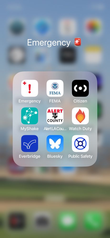 Screen shot of 9 emergency apps used to notify for emergencies. Red Cross emergency, FEMA, Citizen, MyShake, Alert LA County, Watch Duty, Everbridge, Blue Sky, and Public Safety. Some are dependent on local or regional agencies and some are federal. Others are independent. 