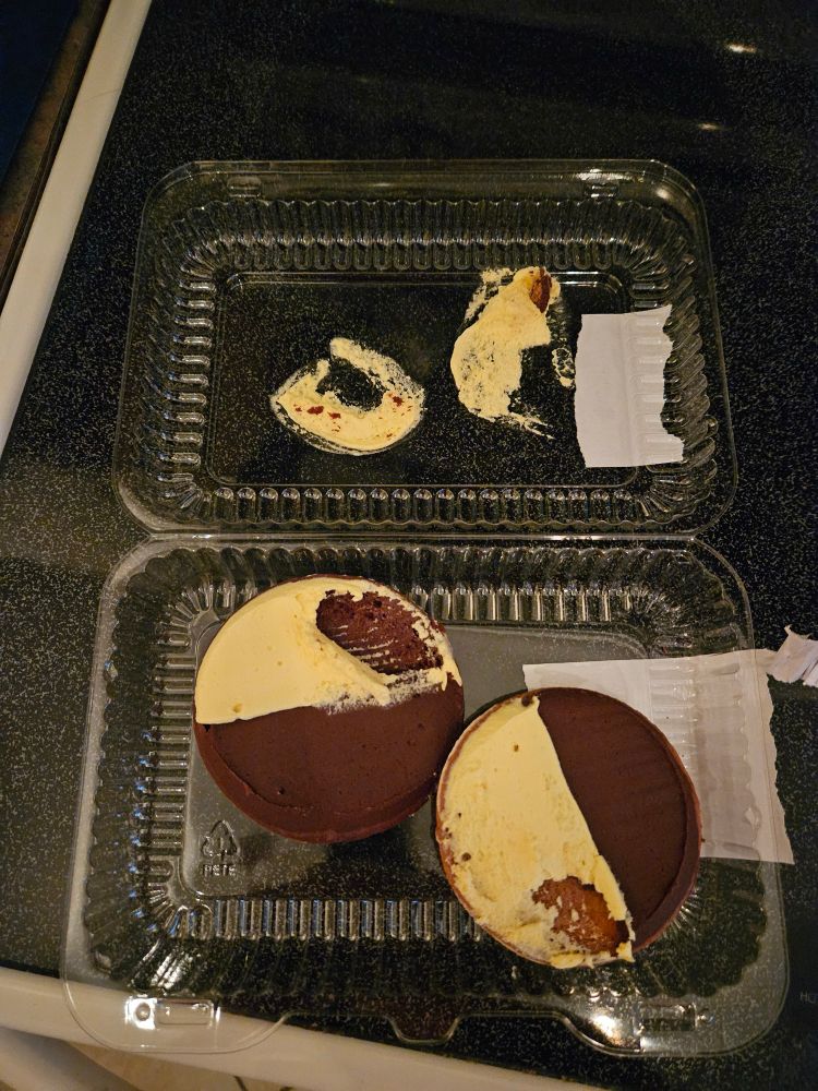 A photo of two halfmoon cookies in a plastic to-go container, but a bunch of the frosting has been smudged on the lid. They’re doing their best to hold it together though.