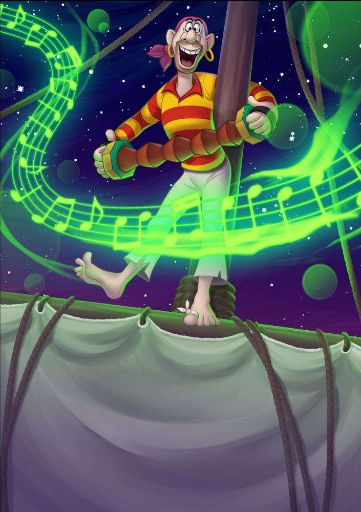 Illustration of the accordion-playing pirate that Captain Hook shoots in Disney's Peter Pan. He's standing on the beam holding up the ship's sail as he plays his accordion. There's magic green musical notes swirling around him.