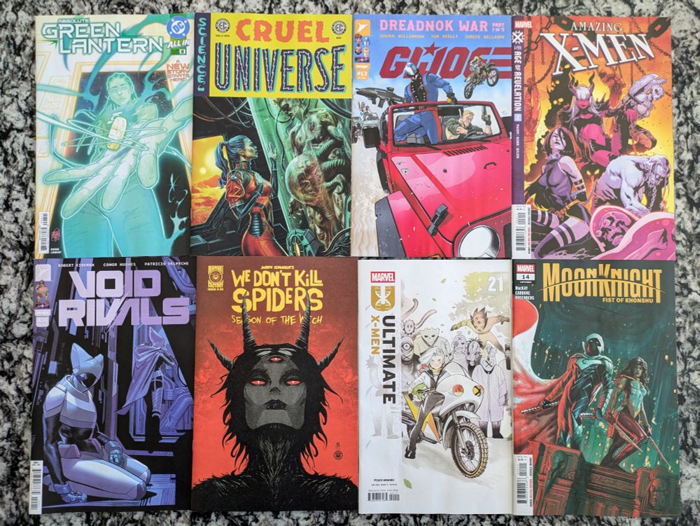 New comics from last week are Absolute Green Lantern, 8. Cruel Universe 4, GI Joe 13, Amazing X-Men 2, Void Rivals 24, We Don't Kill Spiders 2, Ultimate X-Men 21 and Moon Knight FOK 14.