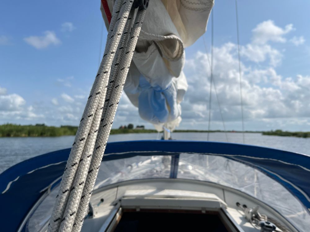 Photo looking forwards on a sailboat
