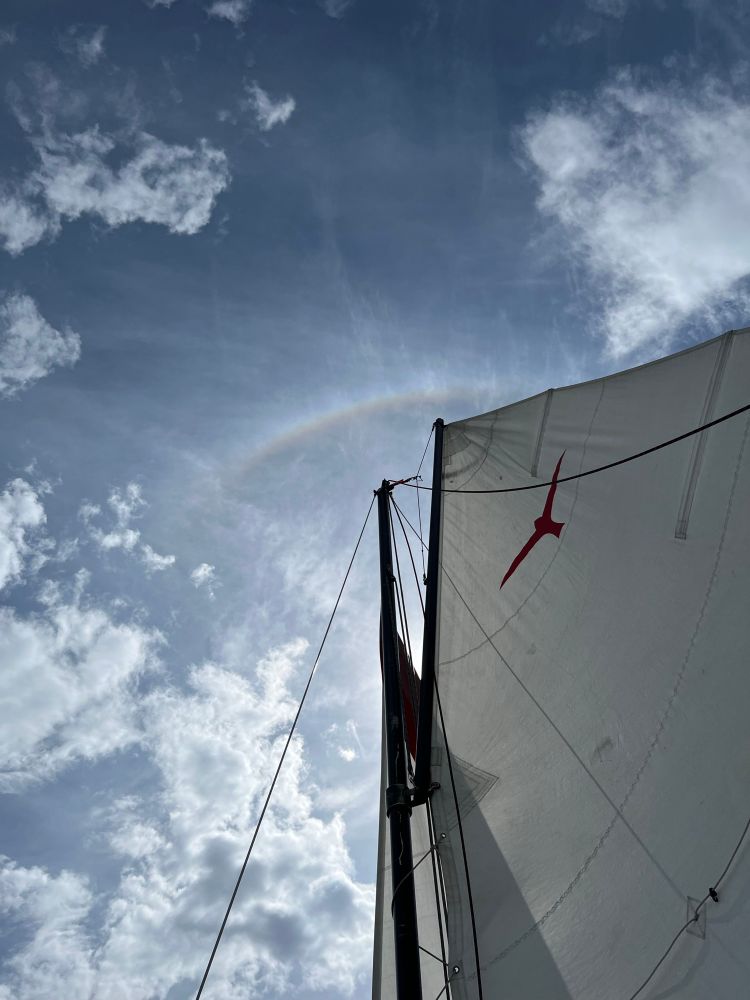A photo taken looking upwards. We see blue sky with some small clouds and a sun halo around the top of the mast of a sailboat 