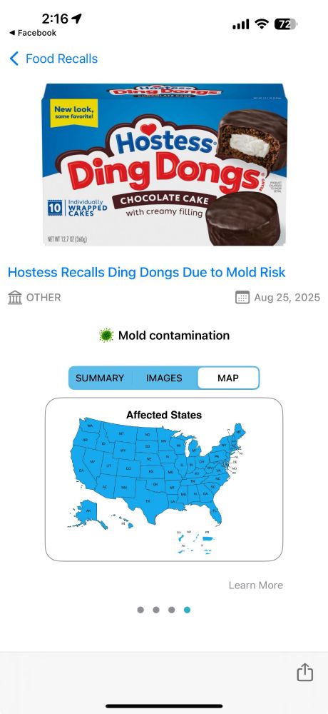 Screencapture of a recall page showing ding dongs from hostess being recalled in every state 