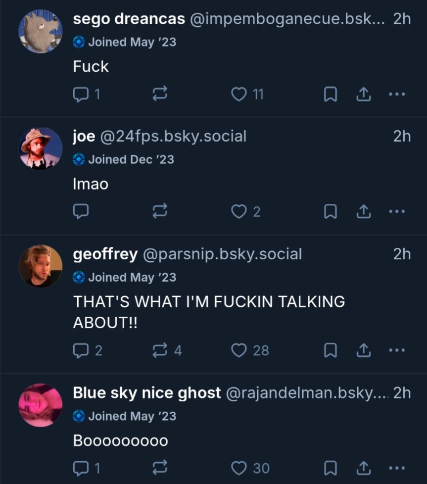 Four different posters with random reaction posts: "fuck", "lmao", "that's what I'm fucking talking about" and just "booooooo"
