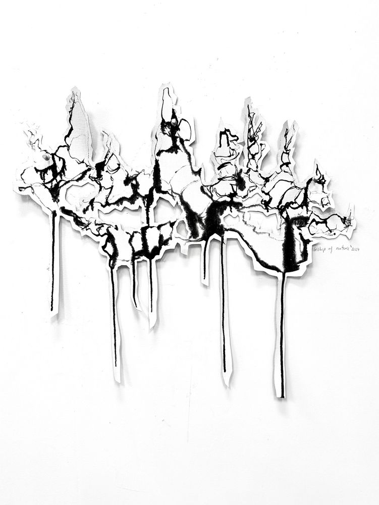 Zwart- wit inkttekening van wortelende groeistructuur zoals gezien onder water in Friesland