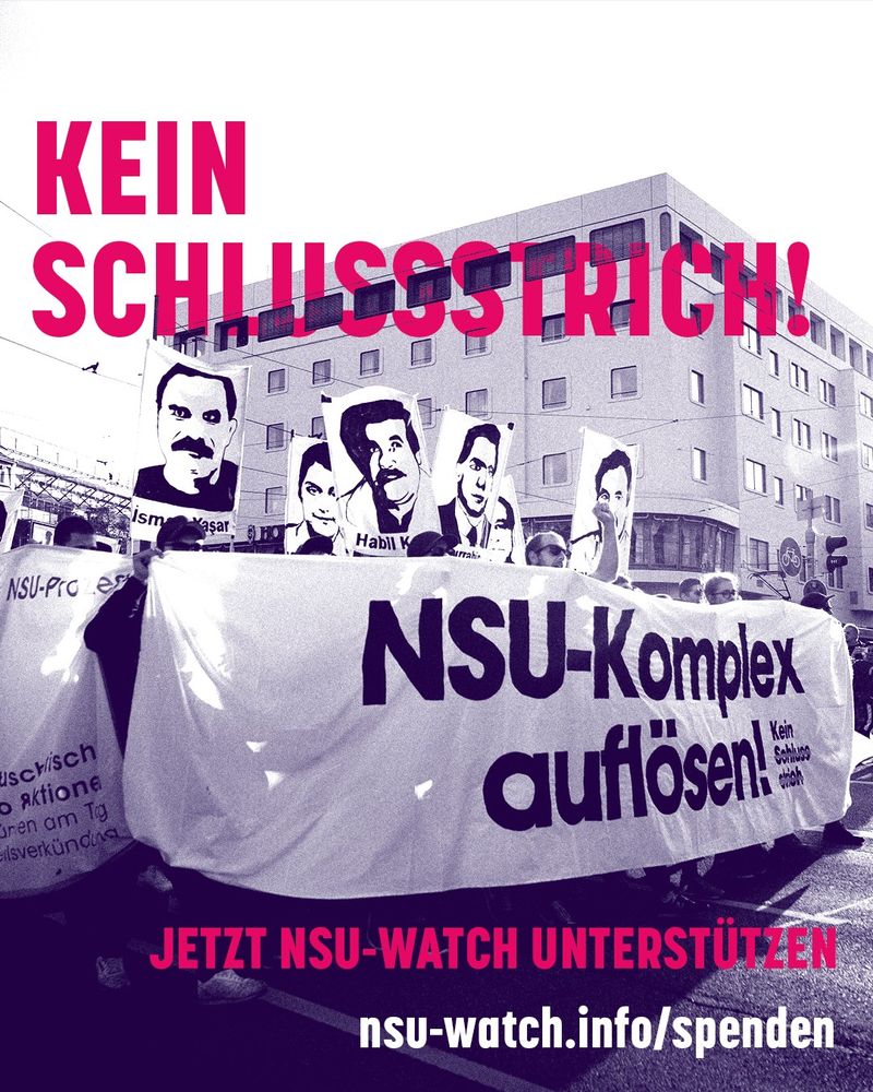 Sharepic: Eine Demo mit dem Fronttransparent: NSU-Komplex auflösen! 
Über dem Bild: Kein Schlussstrich!
Unter dem Bild:
Jetzt NSU-Watch unterstützen
nsu-watch.info/spenden
