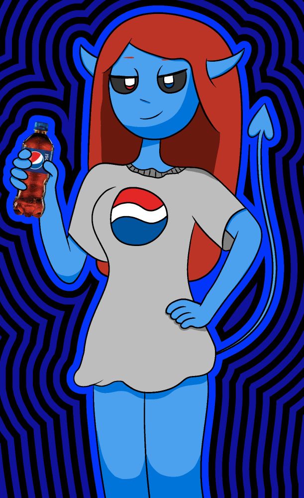 the pepsi demon, a woman with blue skin, red hair, red and blue eyes, horns, and the tail of a demon. she's wearing a grey shirt with the pepsi logo on it, and is holding a bottle of pepsi.
