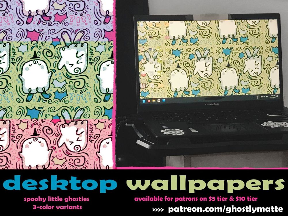 A digital ad for a desktop wallpaper with silly ghosts in the patter. There are three color variants. 