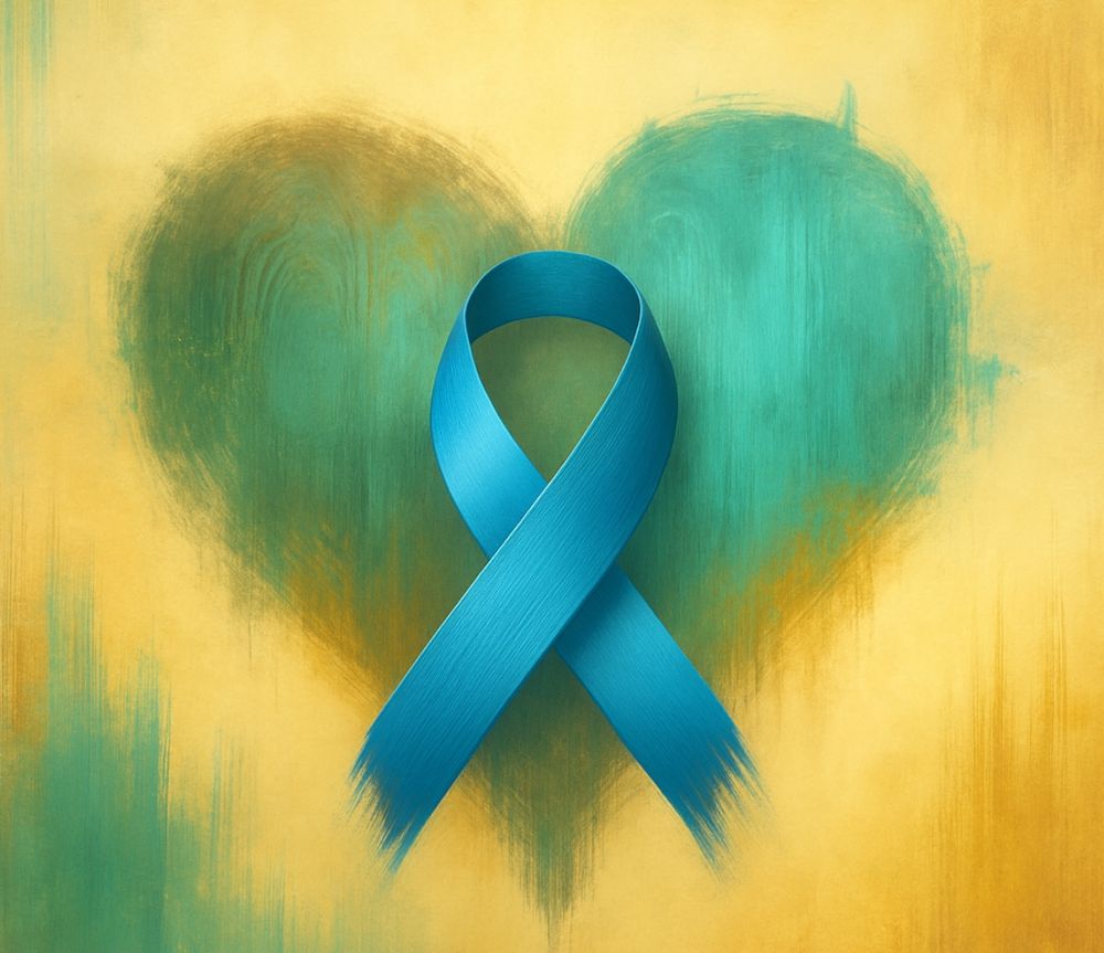 Die blaue Schleife, ein Awareness-Symbol für ME/CFS anlässlich des #SevereMEDay, steht im Mittelpunkt eines digitalen Gemäldes. Zwei überlappende, abstrakt gemalte Herzen in Türkis- und Petroltönen bilden den Hintergrund. Die malerische Textur mit sichtbaren Pinselstrichen geht weich in einen warmen Goldgelbton über, der in die kühlen Farben der Herzen übergeht. Das Bild soll sanftes und eindringliches Bewusstsein für schwer Erkrankte ausstrahlen.