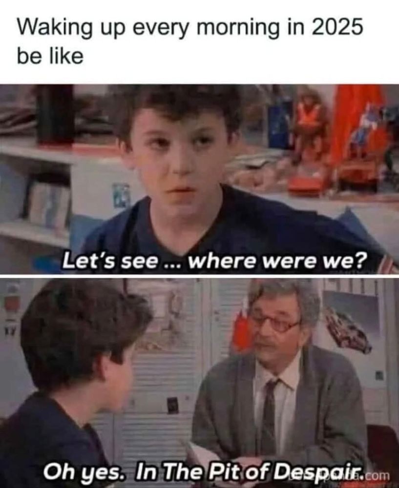 Meme with young kid and grandpa from The Princess Bride movie. 
Top says
Waking up every morning in 2025 be like
Then first panel is kids face looking disgusted with the words Let's see...where were we?
Second panel is grandpa looking up from book at kid with the words Oh yes. In The Pit of Despair.