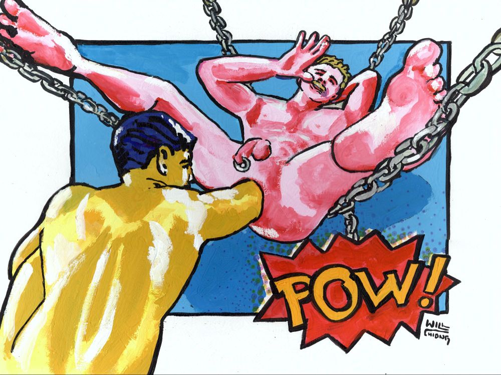 Poster paint on Art Board. A man fists another man in the butt.